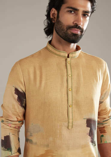 Mustard Yellow Kurta Set For Men With Abstract Print