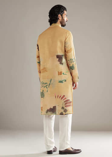 Mustard Yellow Kurta Set For Men With Abstract Print