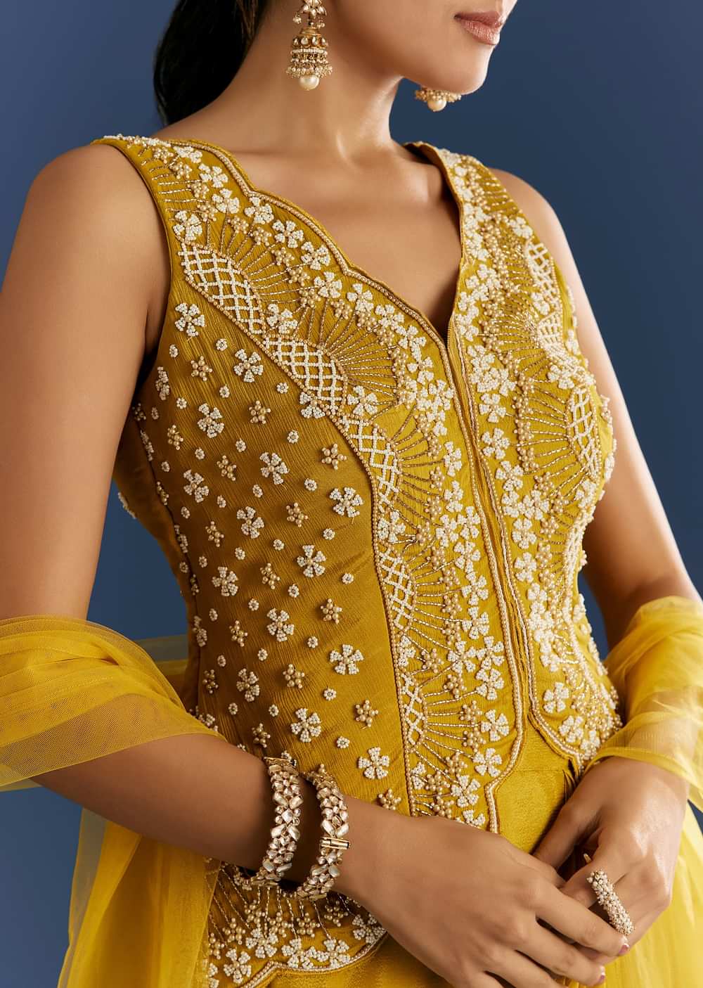 Mustard Yellow Moti Embroidered Kurta Skirt With Dupatta