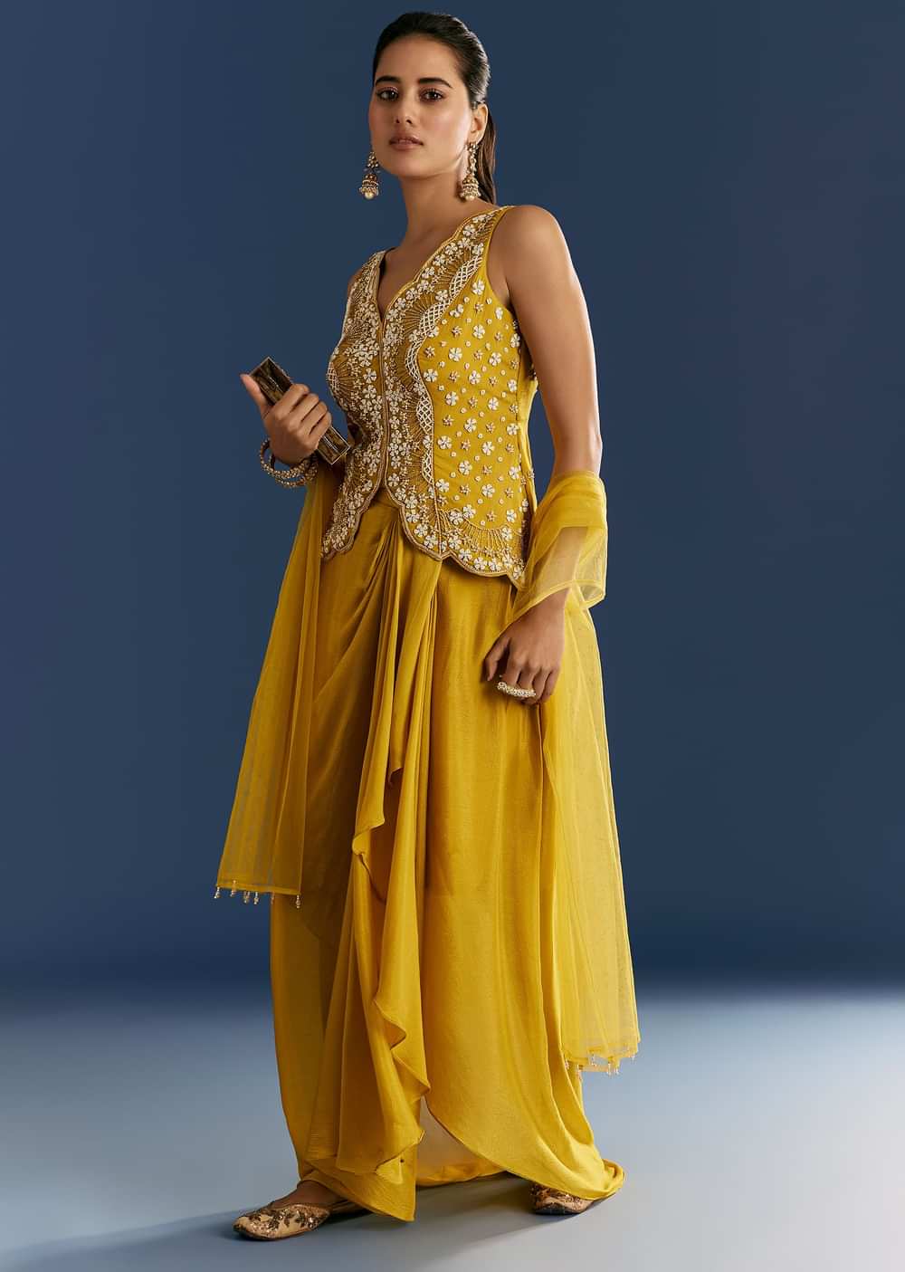Mustard Yellow Moti Embroidered Kurta Skirt With Dupatta