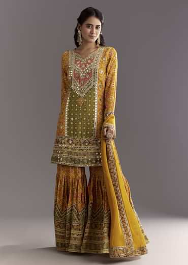 Mustard Yellow Patola Printed Kurta Sharara Suit With Organza Dupatta
