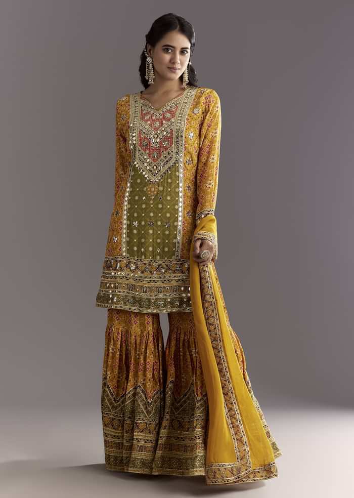 Mustard Yellow Patola Printed Kurta Sharara Suit With Organza Dupatta