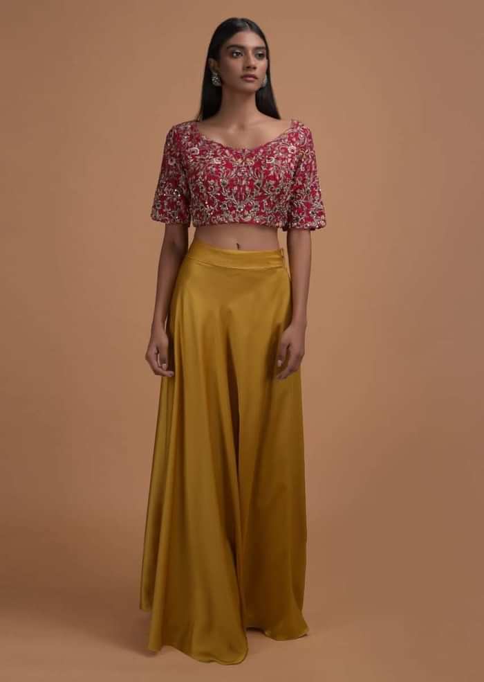 Mustard Yellow Ready Pleated Saree In Milano Satin With Red Embellished Blouse Online - Kalki Fashion