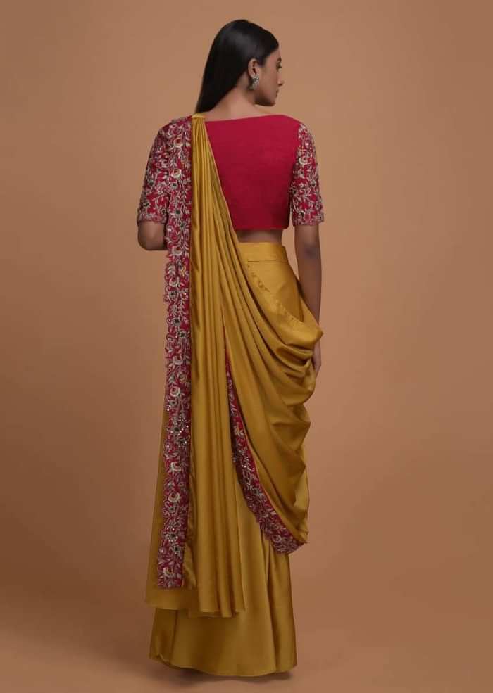 Mustard Yellow Ready Pleated Saree In Milano Satin With Red Embellished Blouse Online - Kalki Fashion
