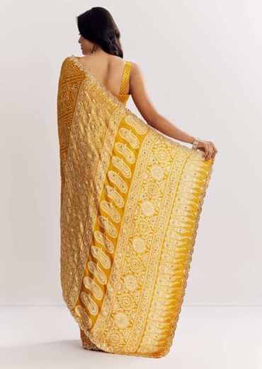 Mustard Yellow Satin Ajrakh Printed Saree With Gota Embroidery