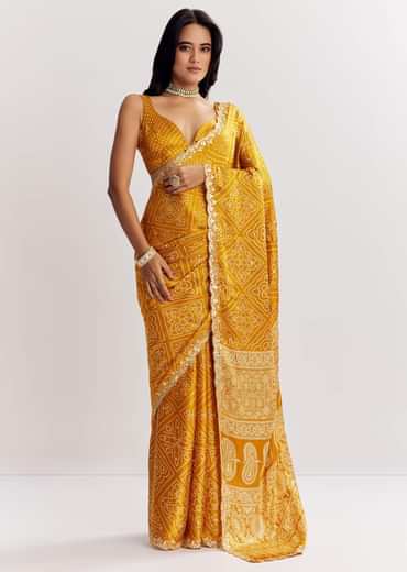 Mustard Yellow Satin Ajrakh Printed Saree With Gota Embroidery