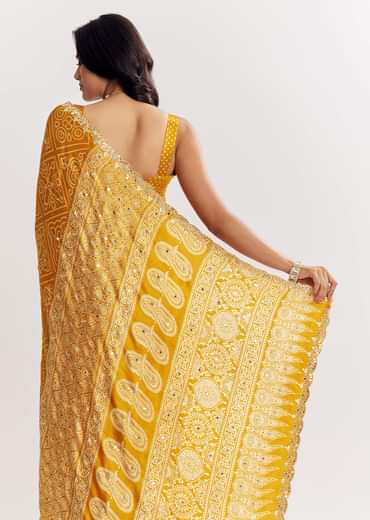 Mustard Yellow Satin Ajrakh Printed Saree With Gota Embroidery