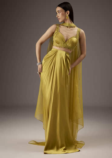 Mustard Yellow Satin Crop Top Skirt With Heavy Embroidery