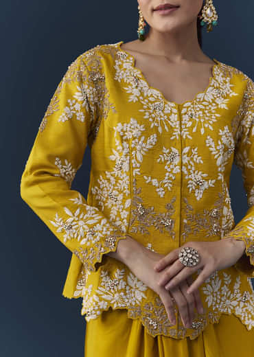 Mustard Yellow Satin Silk Top Skirt Set with Moti Work