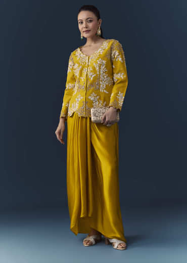 Mustard Yellow Satin Silk Top Skirt Set with Moti Work