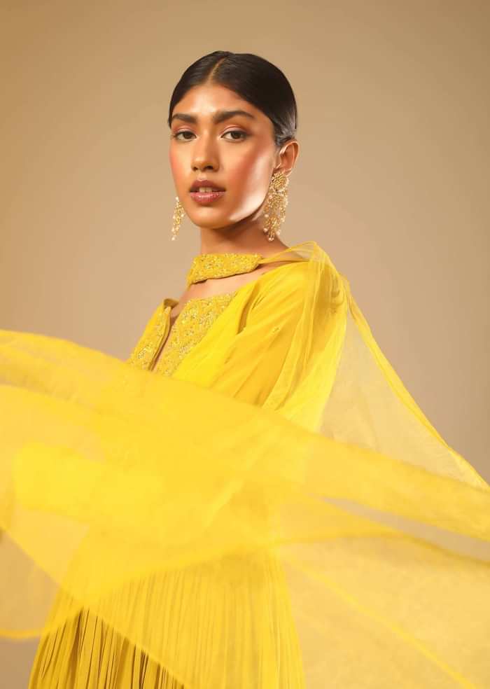 Mustard Yellow Sharara Suit In Crepe With A Flared Kurti Adorned In 3D Embroidery Along With A Belt