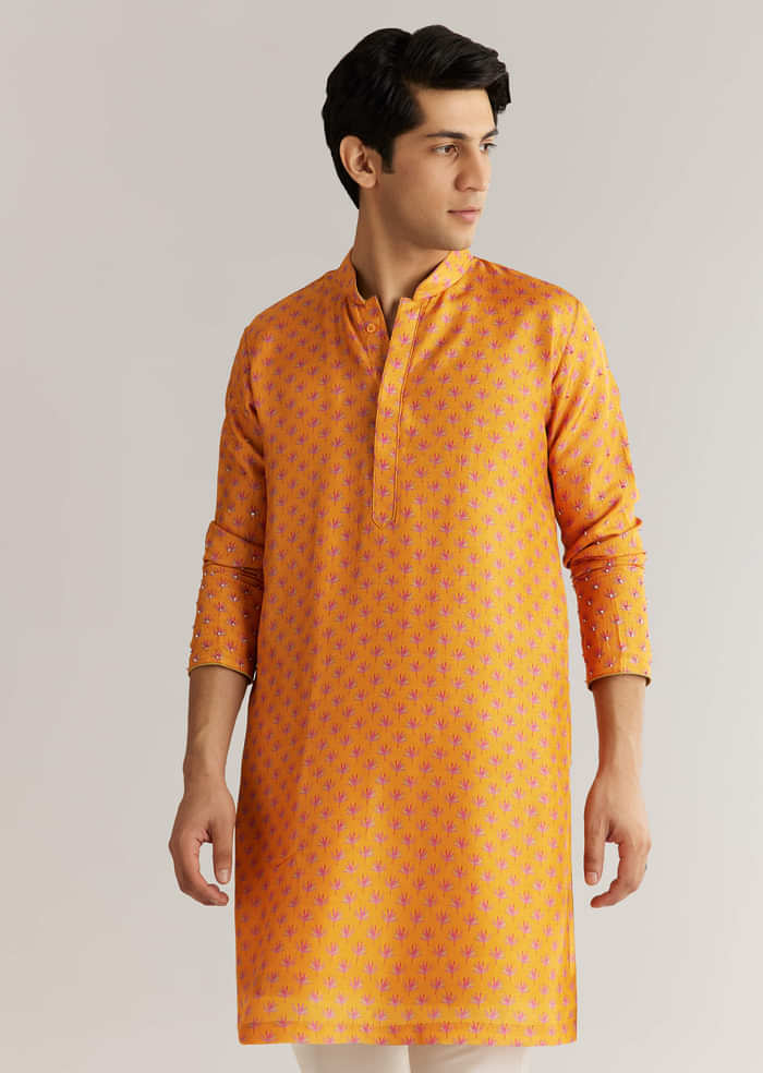 Mustard Yellow Silk 3D Crystal Pearl Floral Kurta Jacket Set