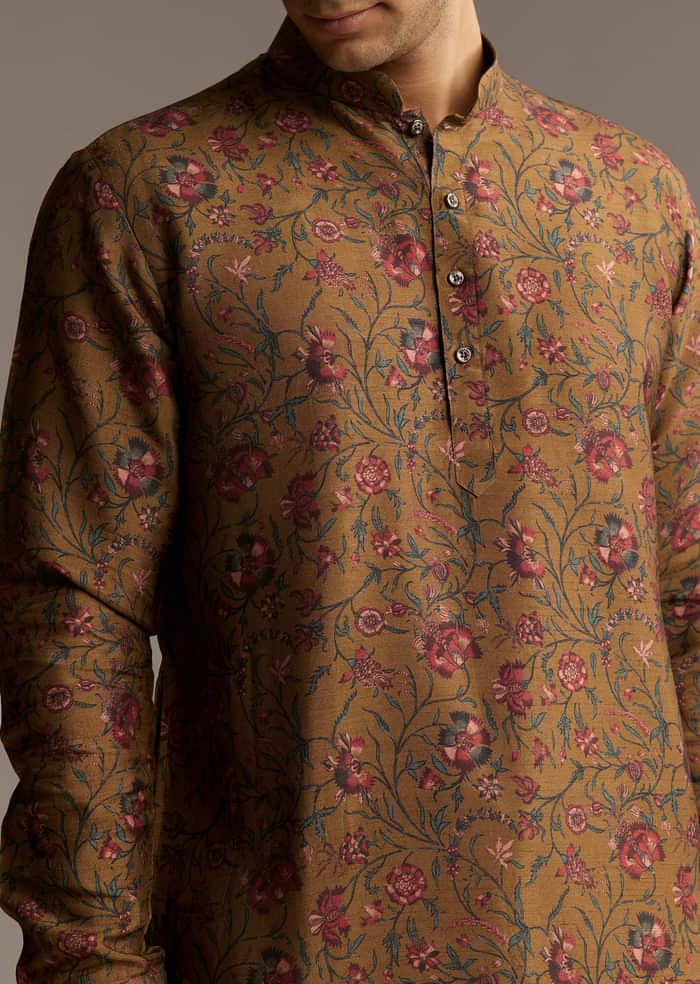 Mustard Yellow Silk Designer Kurta For Men With Vintage Floral Print