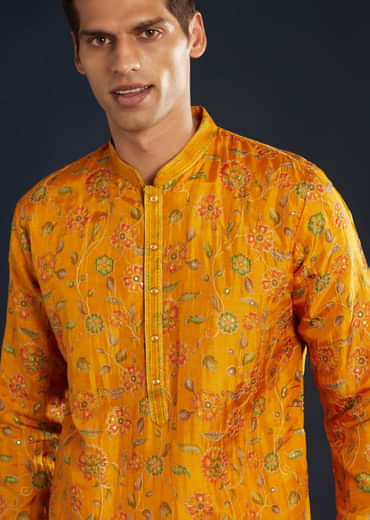 Mustard Yellow Silk Mens Kurta Set with Resham Sequins