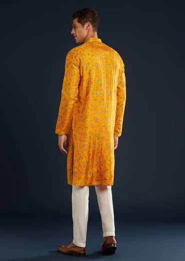 Mustard Yellow Silk Mens Kurta Set with Resham Sequins