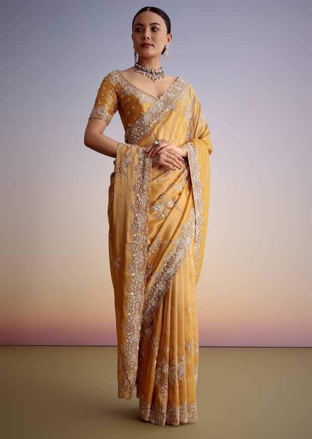 Mustard Yellow Silk Saree With Heavily Embroidered Pallu And Border
