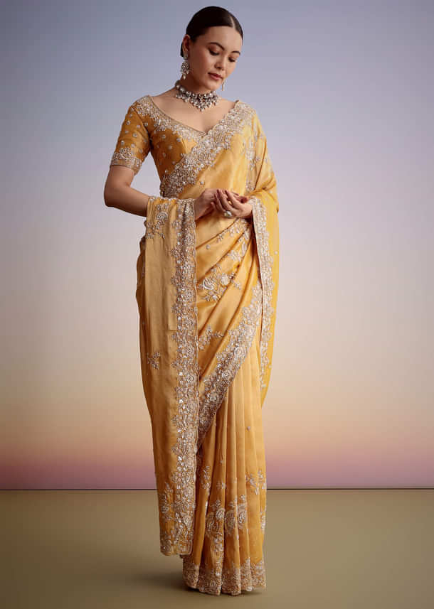 Mustard Yellow Silk Saree With Heavily Embroidered Pallu And Border
