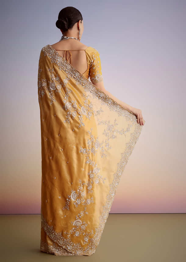 Mustard Yellow Silk Saree With Heavily Embroidered Pallu And Border