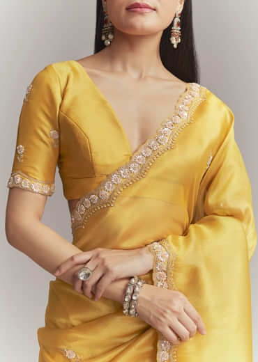 Mustard Yellow Tissue Embroidered Saree With Heavy Hand Embroidery