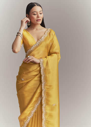 Mustard Yellow Tissue Embroidered Saree With Heavy Hand Embroidery