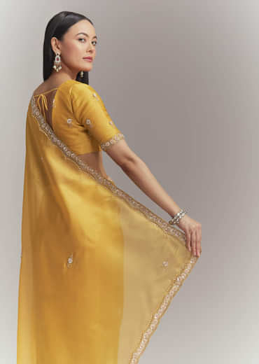 Mustard Yellow Tissue Embroidered Saree With Heavy Hand Embroidery
