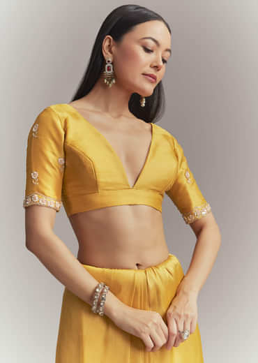 Mustard Yellow Tissue Embroidered Saree With Heavy Hand Embroidery
