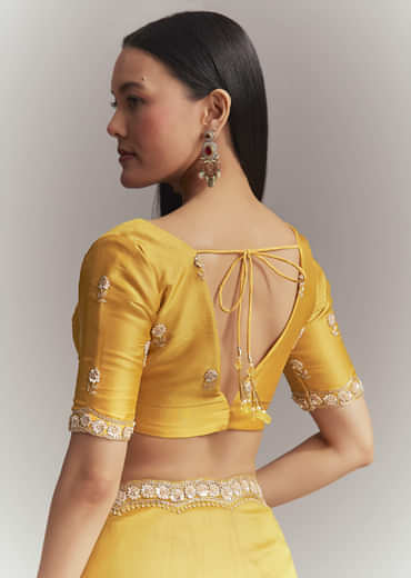 Mustard Yellow Tissue Embroidered Saree With Heavy Hand Embroidery