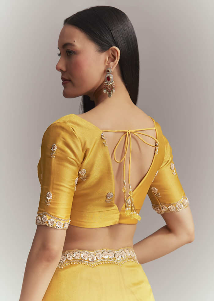 Mustard Yellow Tissue Embroidered Saree With Heavy Hand Embroidery