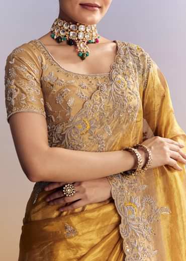 Mustard Yellow Tissue Saree With Golden Zardosi Embroidery