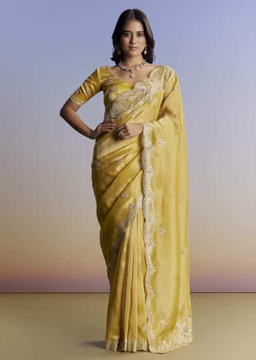 Mustard Yellow Tissue Saree With Zardosi Embroidery