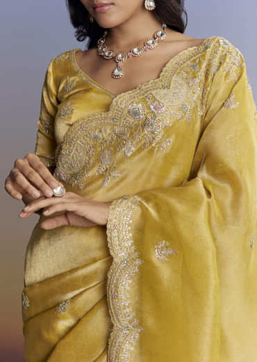 Mustard Yellow Tissue Saree With Zardosi Embroidery