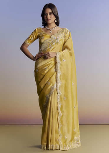 Mustard Yellow Tissue Saree With Zardosi Embroidery