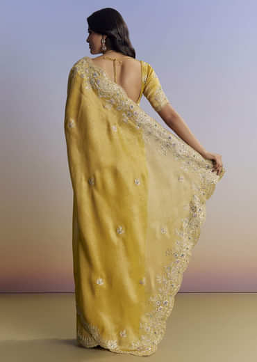 Mustard Yellow Tissue Saree With Zardosi Embroidery