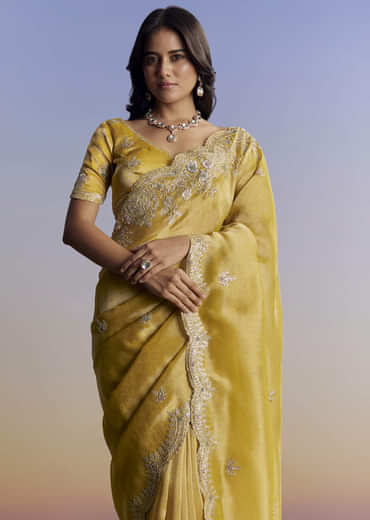 Mustard Yellow Tissue Saree With Zardosi Embroidery