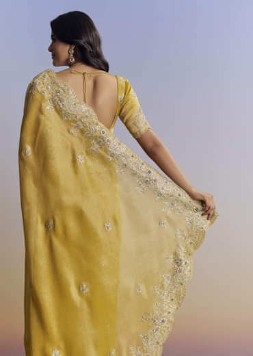 Mustard Yellow Tissue Saree With Zardosi Embroidery