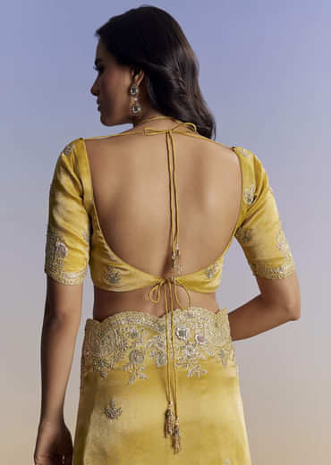 Mustard Yellow Tissue Saree With Zardosi Embroidery