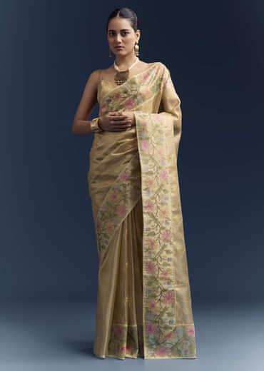 Mustard Yellow Tissue Silk Saree With Floral Resham Embroidery Mustard Yellow Tissue Silk Saree With Floral Resham Embroidery