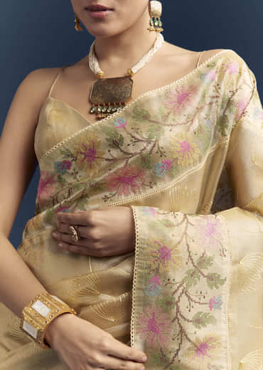Mustard Yellow Tissue Silk Saree With Floral Resham Embroidery Mustard Yellow Tissue Silk Saree With Floral Resham Embroidery