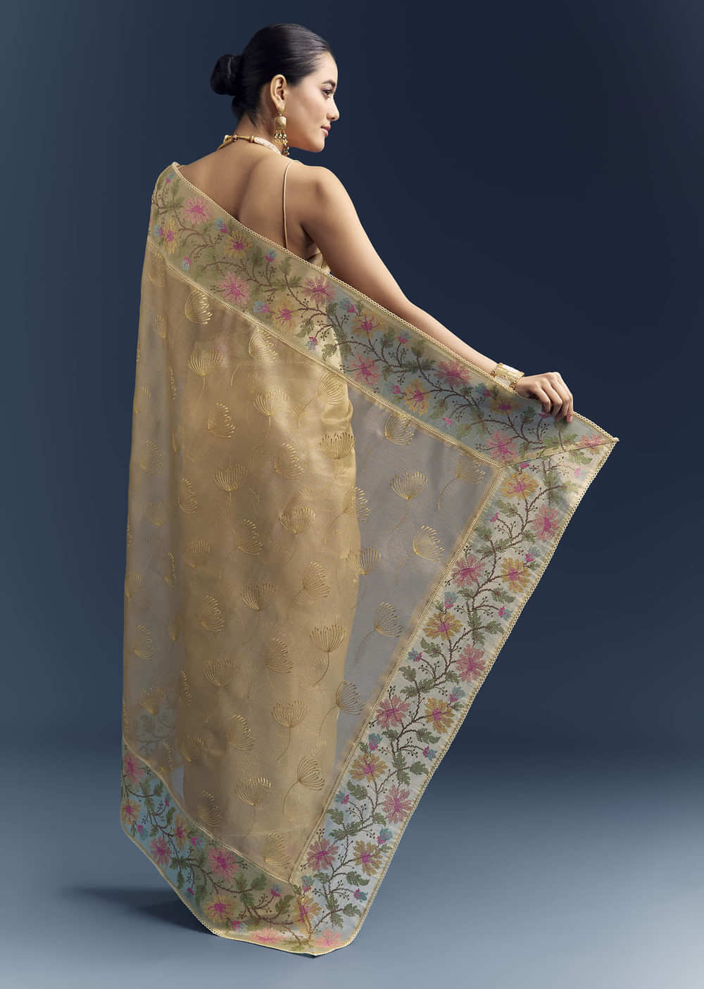 Mustard Yellow Tissue Silk Saree With Floral Resham Embroidery