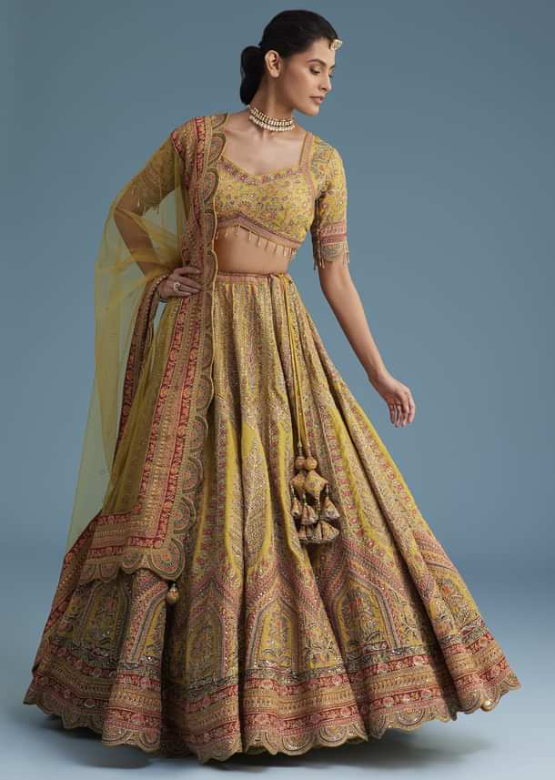 Mustard Crepe Lehenga Set With Floral Motif And Embroidery