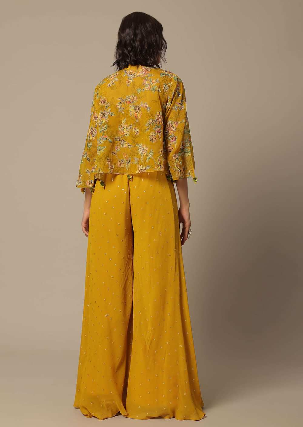 Mustard Crop Top Set With Embroidered Palazzo Pants