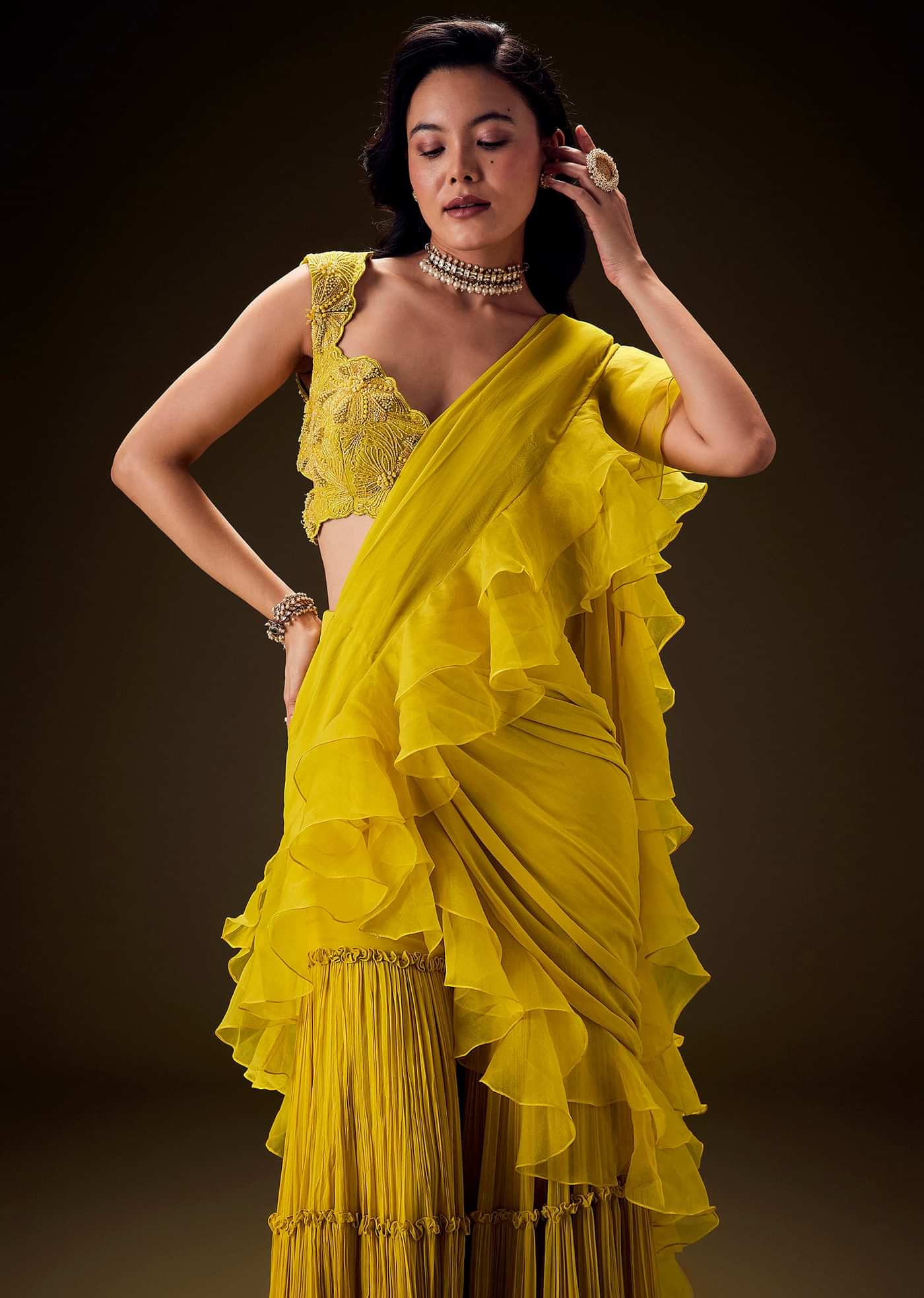 Mustard Embossed Embroidery Sweetheart Neckline Blouse With Tiered Sharara With Drape