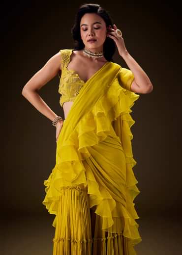 Mustard Embossed Embroidery Sweetheart Neckline Blouse With Tiered Sharara With Drape