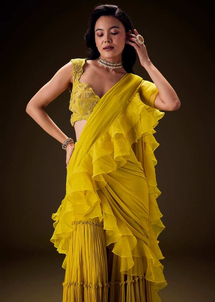Mustard Embossed Embroidery Sweetheart Neckline Blouse With Tiered Sharara With Drape