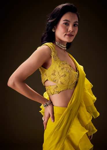 Mustard Embossed Embroidery Sweetheart Neckline Blouse With Tiered Sharara With Drape