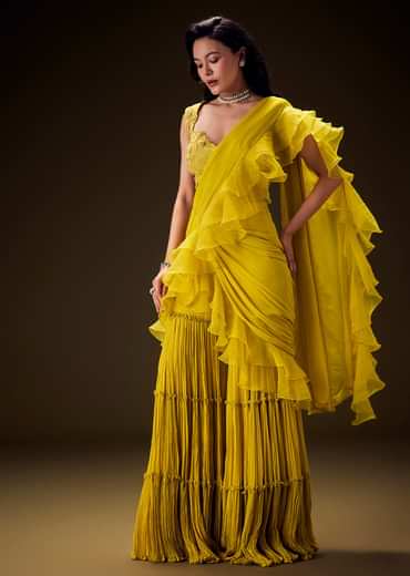 Mustard Embossed Embroidery Sweetheart Neckline Blouse With Tiered Sharara With Drape