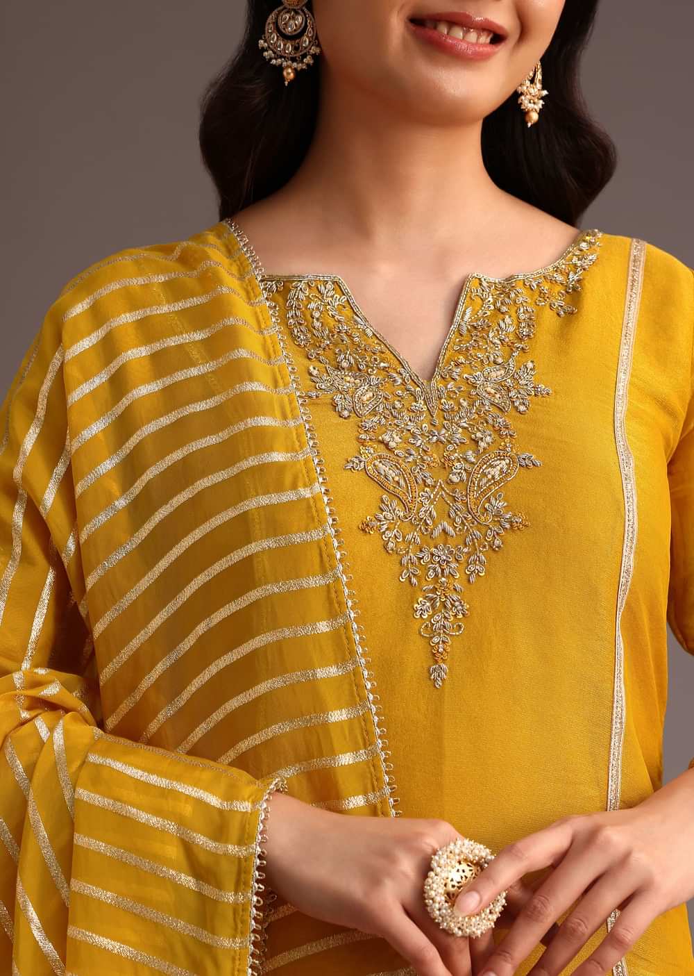 Mustard Embroidered Kurta Palazzo Set With Dupatta