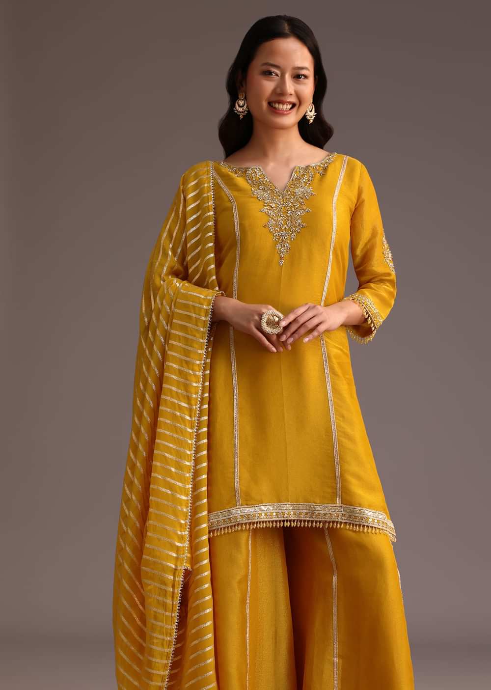 Mustard Embroidered Kurta Palazzo Set With Dupatta