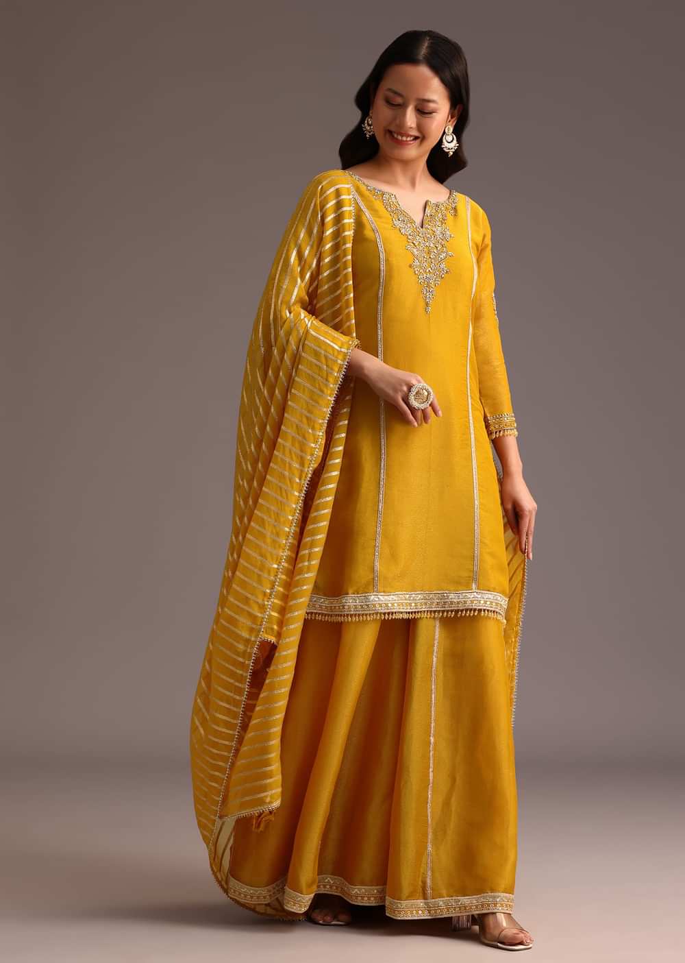 Mustard Embroidered Kurta Palazzo Set With Dupatta