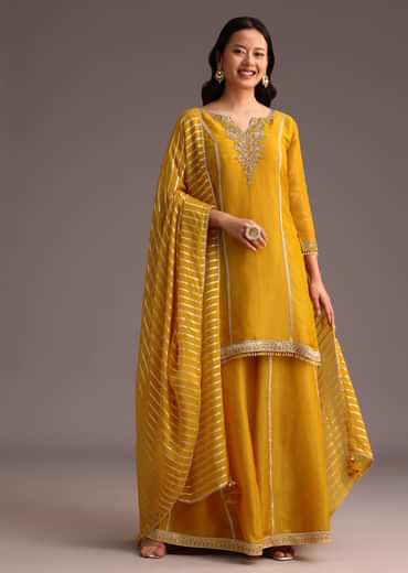 Mustard Embroidered Kurta Palazzo Set With Dupatta